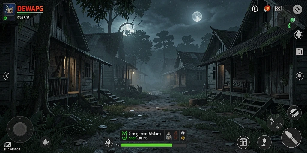 Screenshot DEWAPG menampilkan suasana mencekam dan karakter yang menyeramkan.