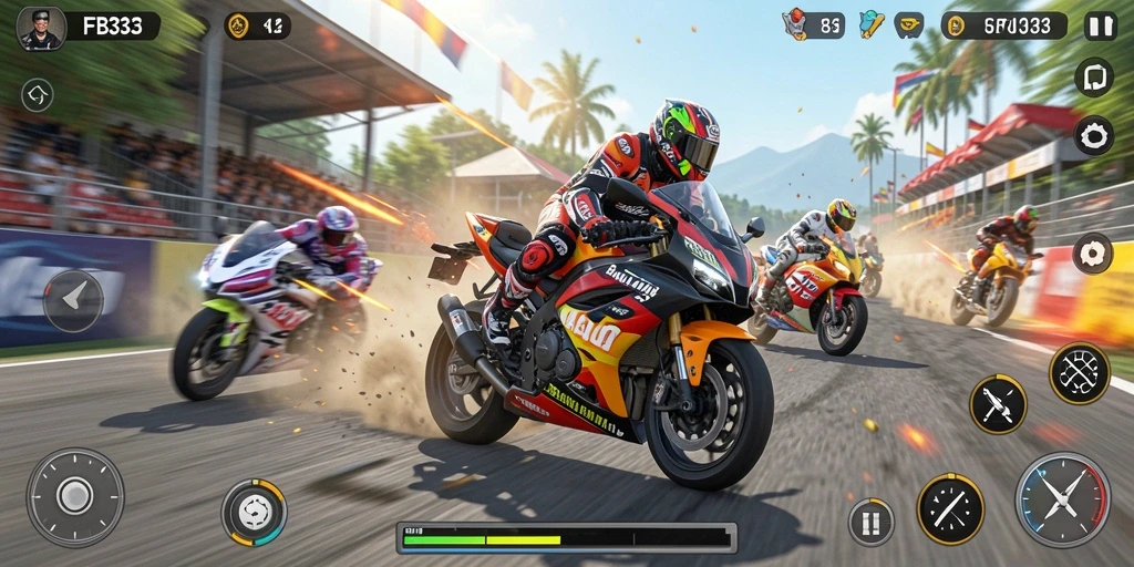 Screenshot gameplay FB333 menampilkan balapan motor yang cepat dan intens.