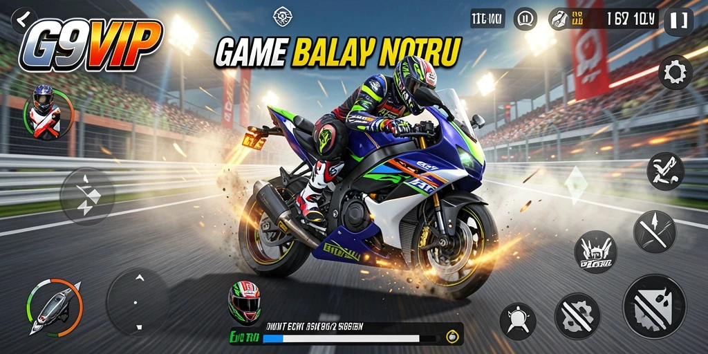 Screenshot G9VIP menampilkan aksi balap motor yang mendebarkan.