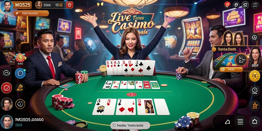 Screenshot gameplay MG525 yang menunjukkan suasana Live Casino yang mendebarkan.