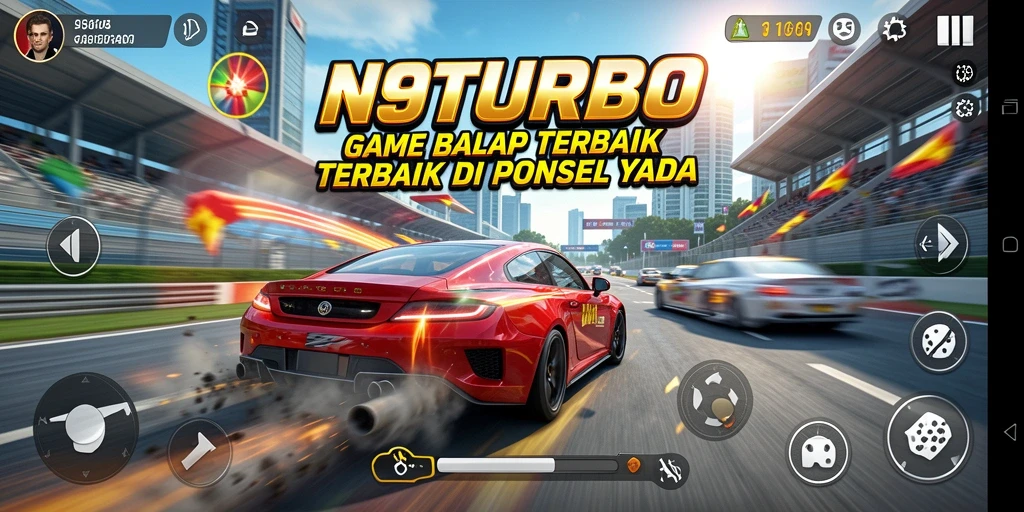 Tampilan gameplay N9TURBO yang mendebarkan dengan mobil balap melaju kencang.