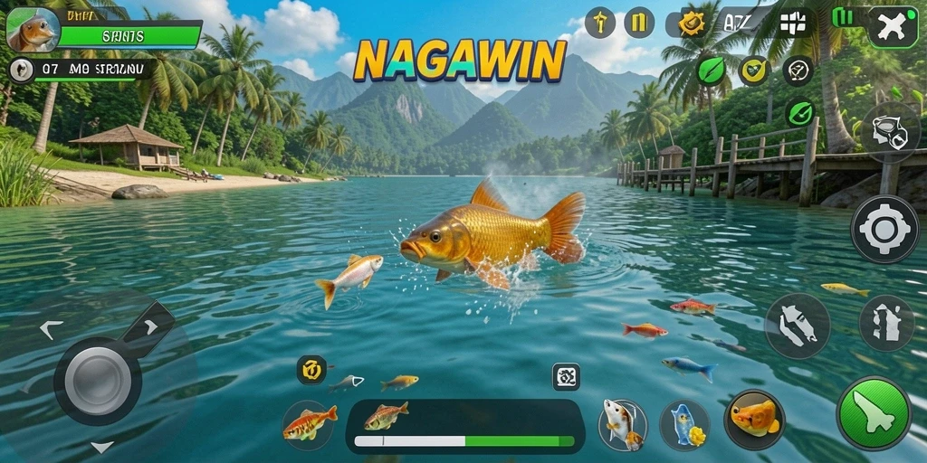 Screenshot gameplay NAGAWIN yang menunjukkan aktivitas memancing yang mengasyikkan.