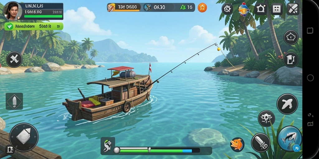 Tampilan gameplay OKJK yang menampilkan aksi memancing seru.