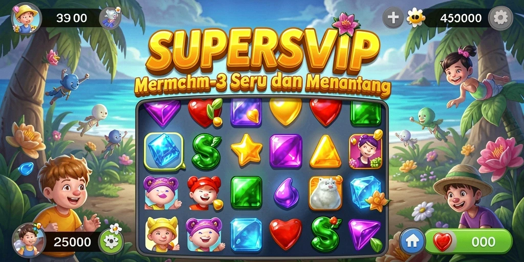 Tampilan gameplay SUPERSVIP dengan grafis Match-3 yang memukau.