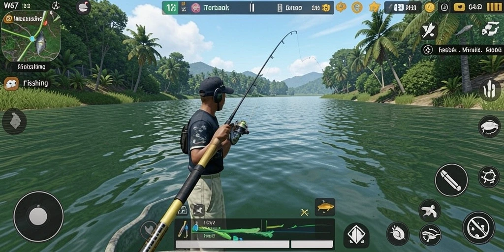 Tampilan gameplay W67 menunjukkan aksi memancing yang menantang dan seru.