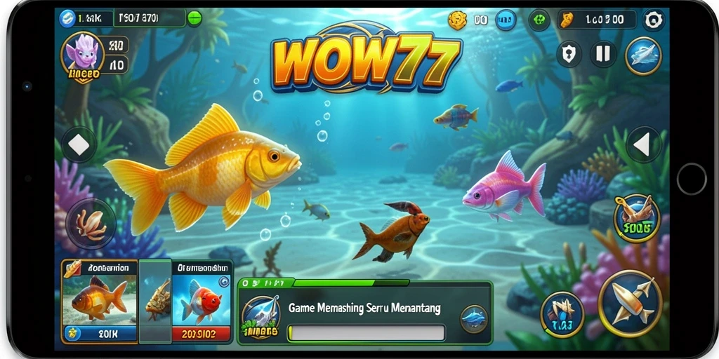 Tampilan gameplay WOW77 saat menangkap ikan di lokasi indah.