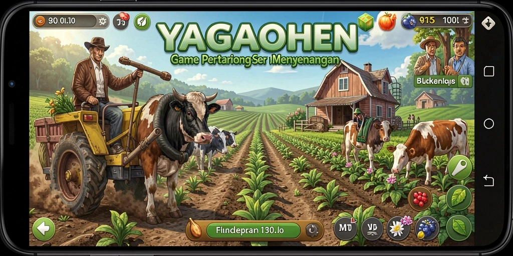 Tampilan gameplay YAGAOHEN dengan pertanian yang aktif dan berwarna-warni.